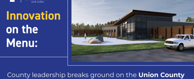 The title "Innovation on the Menu" next to an exterior rendering of Union County Food Innovation Center against a blue background.