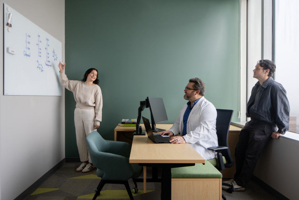 R24_16126_00_USF_ISA_Lab_N8_medium A person in a sweater points at a whiteboard with chemical diagrams, while a person in a white coat types on a computer. Another person sits on a windowsill, watching. The mood is focused and collaborative at USF - ISA Biomedical Labs