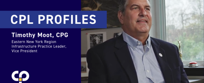 Timothy Moot in an office, wearing a suit. Text on the left reads "CPL Profiles," highlighting his role as Eastern New York Region Infrastructure Practice Leader and Vice President.