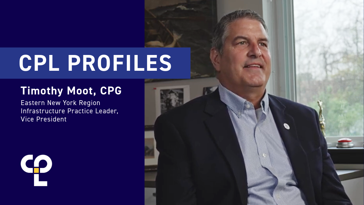 Timothy Moot in an office, wearing a suit. Text on the left reads "CPL Profiles," highlighting his role as Eastern New York Region Infrastructure Practice Leader and Vice President.