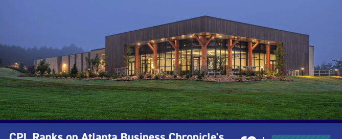 A graphic featuring the exterior of a higher education building at night, and an announcement about CPL's Atlanta Business Chronicle ranking, the CPL and ABC logos.
