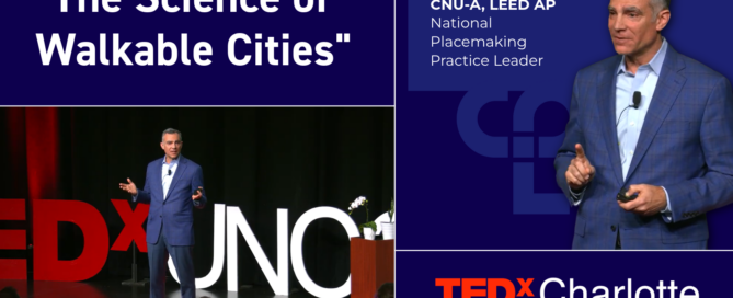 Navy blue graphic introducing a TEDx talk called "The Science of Walkable Cities"; Craig Lewis stands on the TEDx stage speaking and gesturing with his hands.