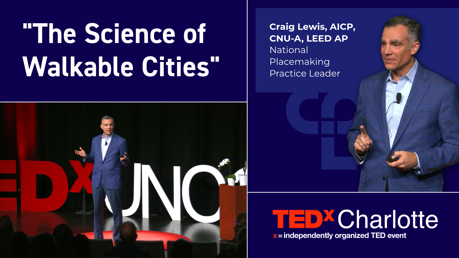 Craig Lewis TEDx-2 (1) Navy blue graphic introducing a TEDx talk called "The Science of Walkable Cities"; Craig Lewis stands on the TEDx stage speaking and gesturing with his hands.